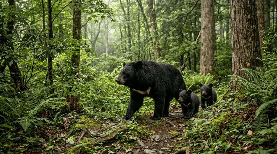 Black bear with white chest patch walking on a forest trail