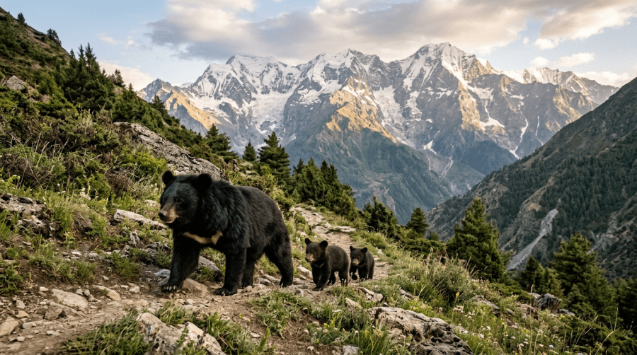 Mother bear with two cubs walking on rocky mountain trail with snow-covered peaks