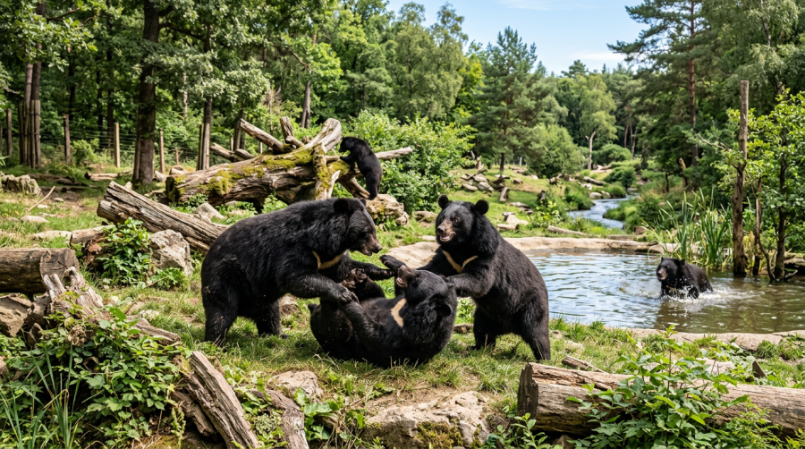 Four Asiatic black bears interacting near water and forest vegetation